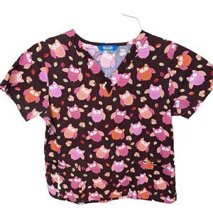 Scrub Top M Brown Pink Orange Owls Scrub Wear Medical RN LPN TECH Pediatric